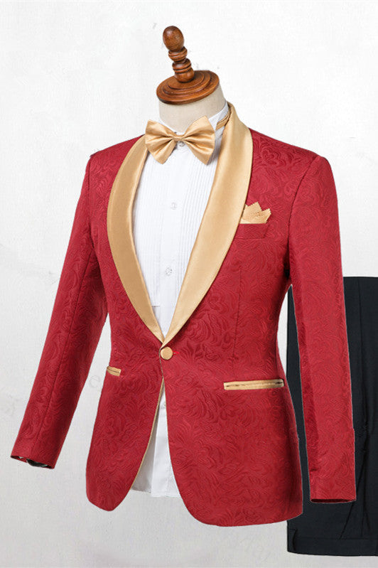 Shop Red Jacquard One Button Wedding Men Suits with Gold Lapel from stylesnuggles. Free shipping available. View our full collection of Red Shawl Lapel wedding suits available in different colors with affordable price.