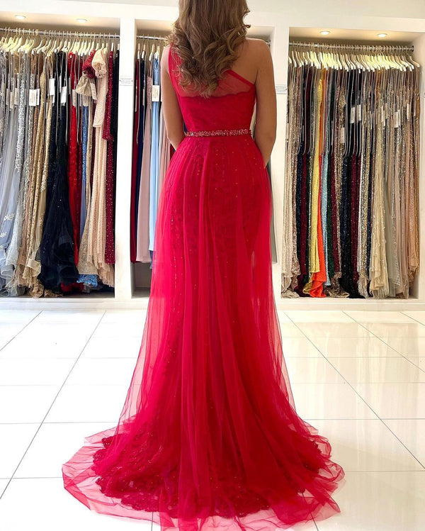 Red One Shoulder Tulle Prom Dress Long Mermaid Appliques Evening Gown With SPlit-stylesnuggle