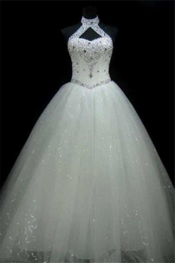 Sequin Ball Gown Sleeveless Floor Length Beading Tulle Halter Wedding Dresses-stylesnuggle