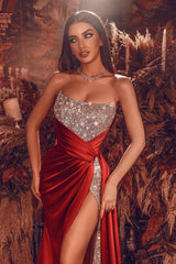 Sexy Red Front Slit Chiffon Evening Dress Strapless Sequins Long-stylesnuggle