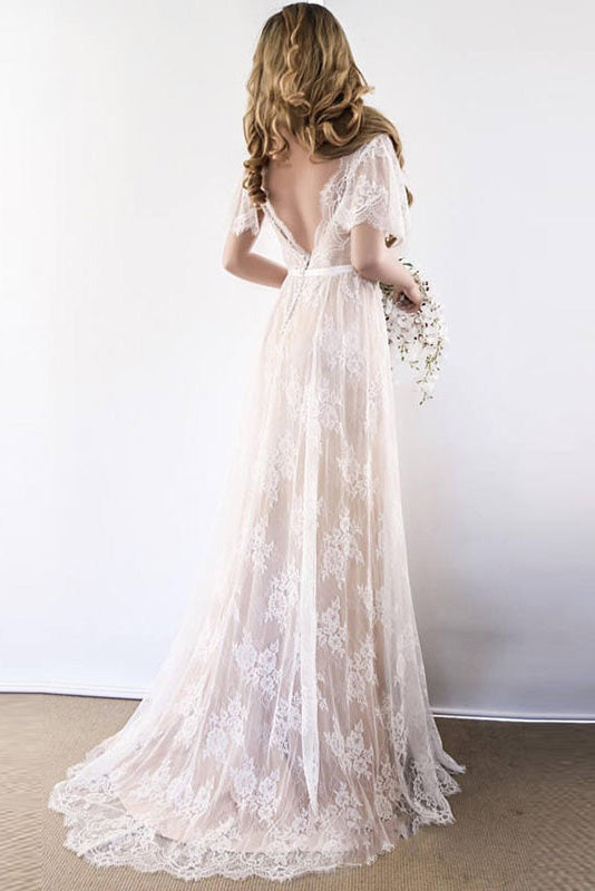 Sexy Tulle V-neck Short Sleeves Wedding Dress Lace Long-stylesnuggle