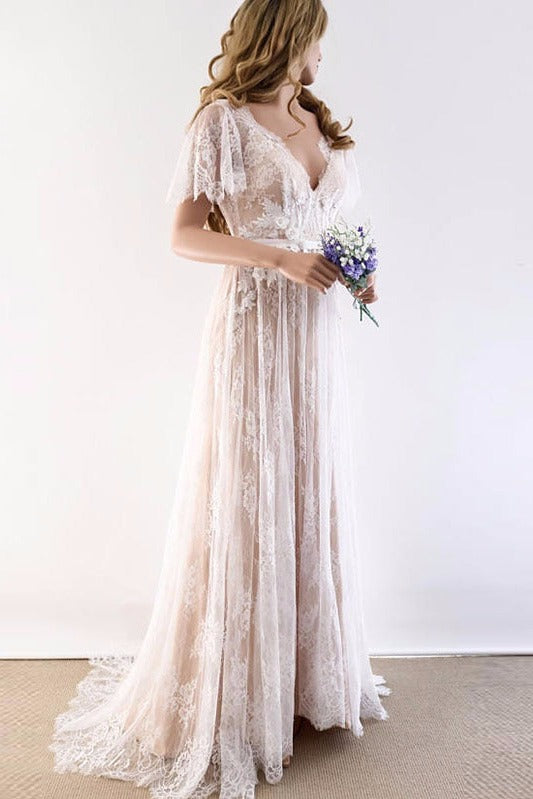 Sexy Tulle V-neck Short Sleeves Wedding Dress Lace Long-stylesnuggle