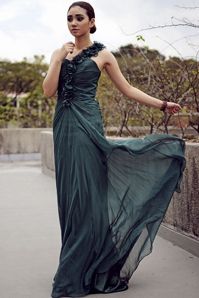 Sheath One-shoulder Floor Length Chiffon Backless Handmade Flower Evening Dress-stylesnuggle