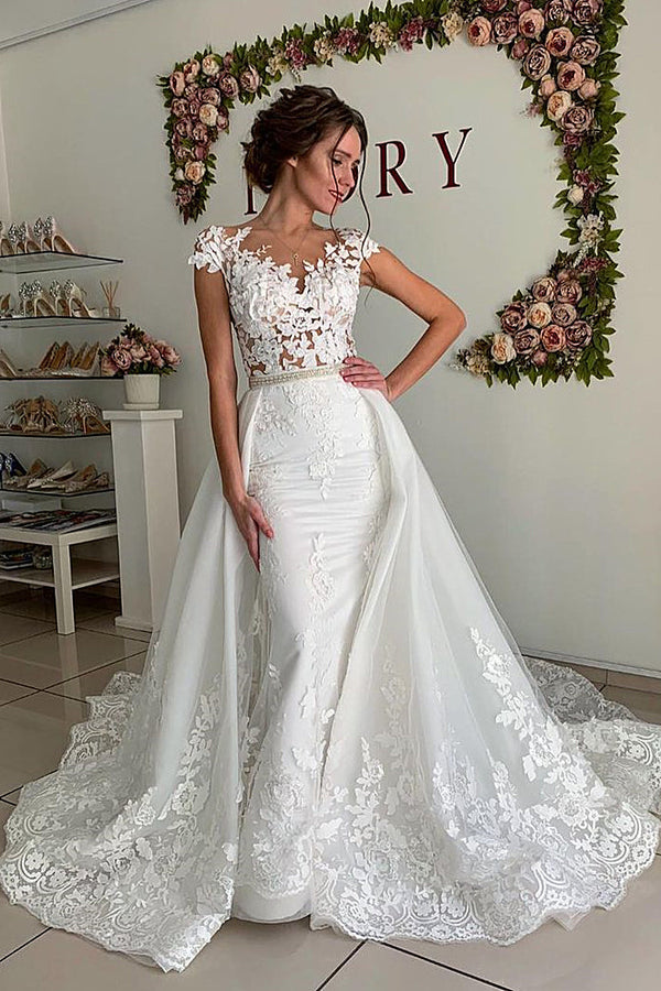 Sheath Portrait Floor Length Tulle Crochet Flower Applique Wedding Dress-stylesnuggle