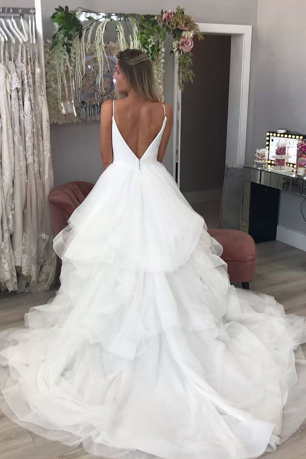 Sheath V-neck Spaghetti Strap Floor Length Backless Tulle Applique Wedding Dress-stylesnuggle