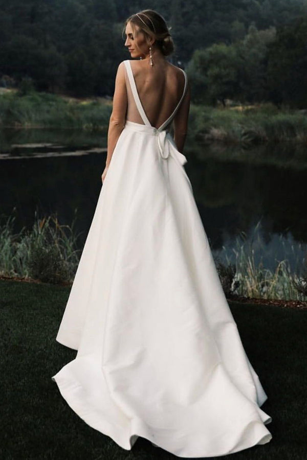 Sheath V-neck Wide Strap Floor Length Backless Chiffon Wedding Dress-stylesnuggle