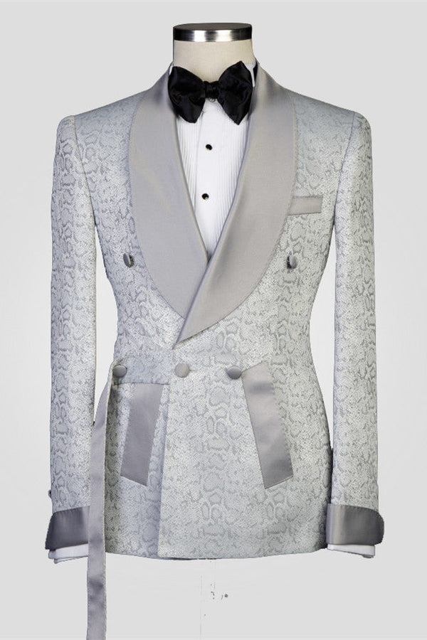 Discover the very best Silver Shawl Lapel Double Breasted Jacquard Wedding Suits for work,prom and wedding occasions at stylesnuggle. Custom made Silver Shawl Lapel mens suits with high quality.