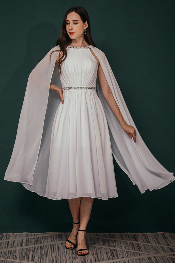 Simple Beaded White Chiffon Summer Wedding Dress with Cape-stylesnuggle