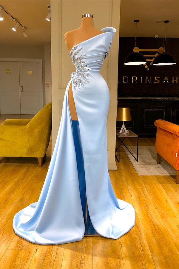 Sky Blue One shoulder High split Beaded Long Mermaid Prom Dress-stylesnuggle
