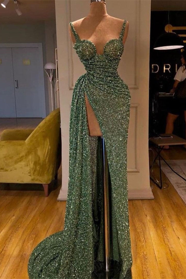 Spaghetti-Starps Shinning Sequins Mermaid Prom Dress With Split-stylesnuggle