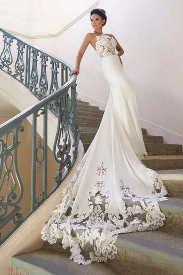 Finding a dress in Tulle, Mermaid style, and delicate Lace work? stylesnuggle custom made you this Spaghetti Strap Lace Wedding Dress Online with Chapel Train White Bridal Gowns under $200 at factory price.