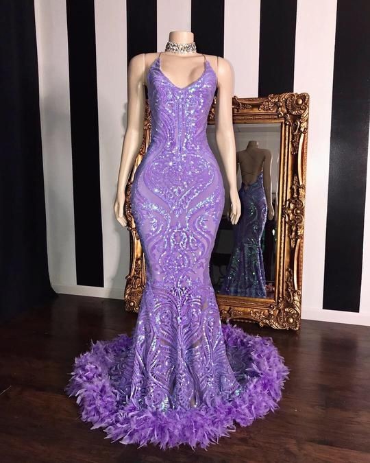Looking for Prom Dresses, Evening Dresses, Real Model Series in Sequined,  Mermaid style,  and Gorgeous Feathers, Sequined work? stylesnuggle has all covered on this elegant Spaghetti V-neck Sequins Floor Length Fur Train Mermaid Prom Dresses.