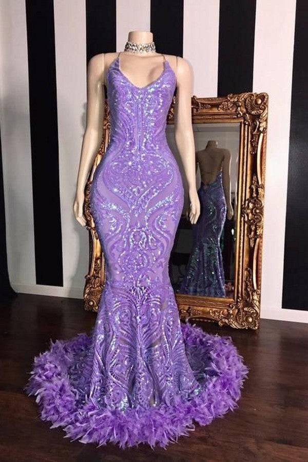 Looking for Prom Dresses, Evening Dresses, Real Model Series in Sequined,  Mermaid style,  and Gorgeous Feathers, Sequined work? stylesnuggle has all covered on this elegant Spaghetti V-neck Sequins Floor Length Fur Train Mermaid Prom Dresses.