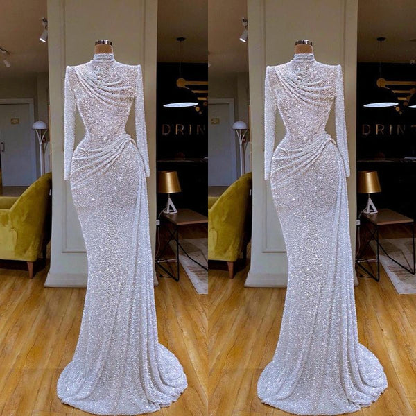 Sparkle White Sequin Long sleeves Pleated Long Prom Dress-stylesnuggle
