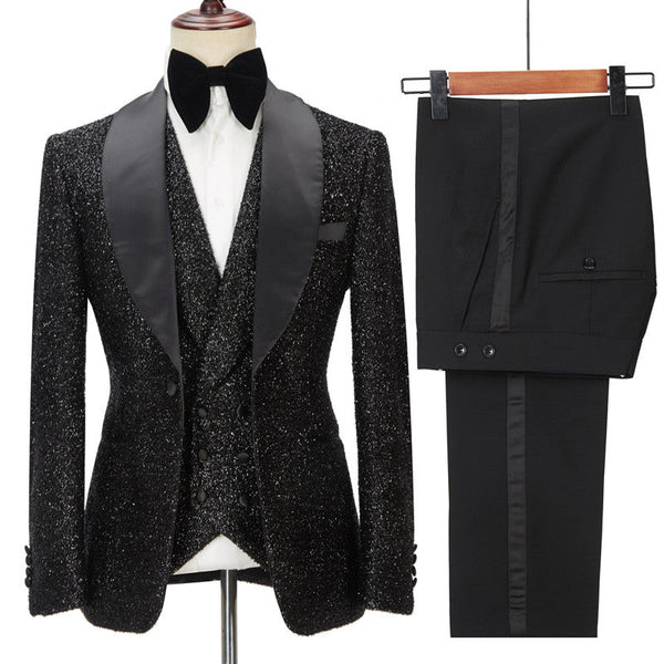 Shop for Sparkly Black Three Pieces Shawl Lapel Bespoke Wedding Suit for Men in stylesnuggle at best prices.Find the best Black Shawl Lapel slim fit blazers with affordable price.