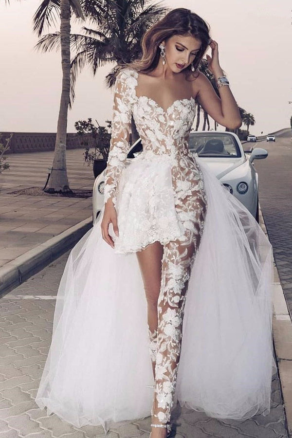 Special Two-piece Tulle Hi-lo Wedding Dress Lace Short Sexy One Shoulder With Long Sleeve On One Side-stylesnuggle