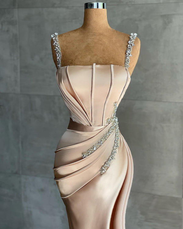 Straps Beadings Long Mermaid Prom Dress Split Evening Gowns-stylesnuggle