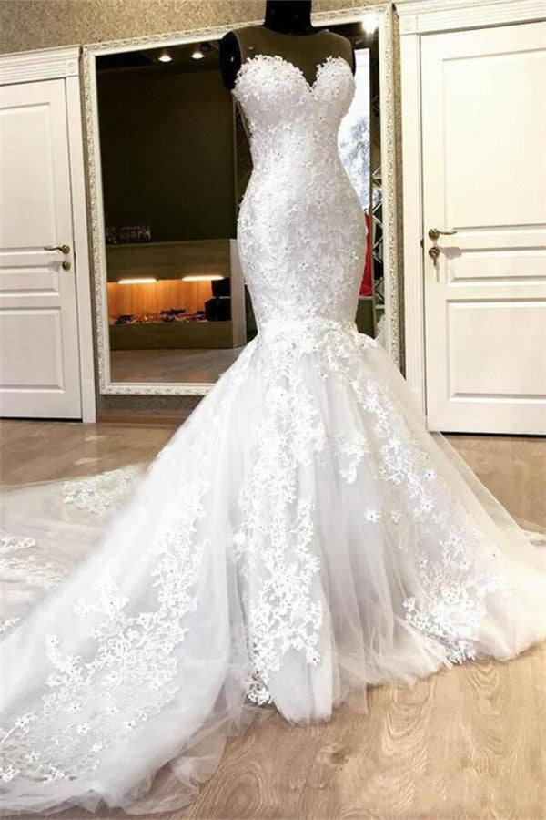 stylesnuggle offers Sweetheart White Illusion neck Mermaid Beaded Lace Wedding Dress online at an affordable price from Tulle to Mermaid skirts. Shop for Amazing Sleeveless wedding collections for your big day.