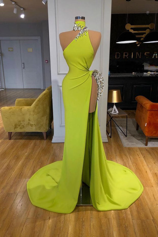 Unique Ginger yellow Triangle Neck Sexy high side-cut Long Evening Dress-stylesnuggle