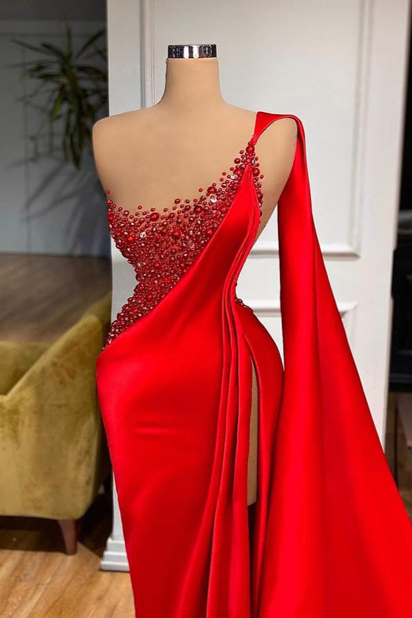 Unique Red Stones Sleeveless High split mermaid Evening Dress-stylesnuggle