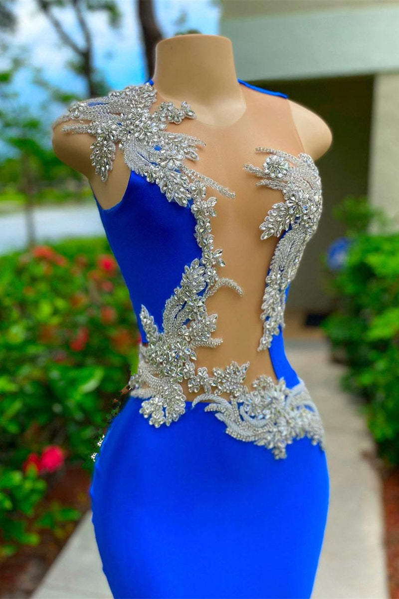 V-neck Mermaid Appliques Lace Sequined Open Back One Shoulder Floor-length Sleeveless Prom Dress-stylesnuggle