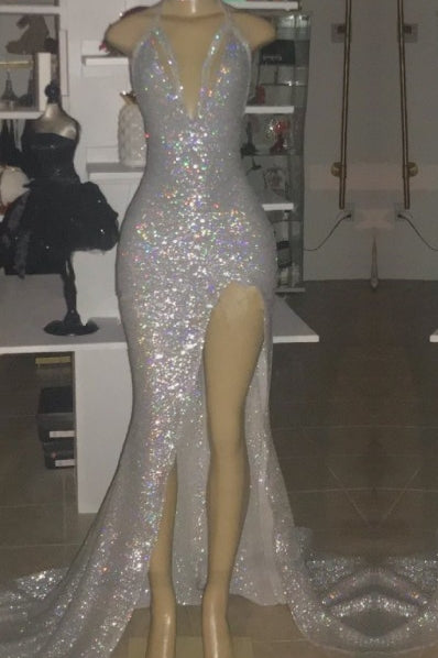 stylesnuggle offers V-neck Sequins Mermaid Front Slit Floor Length Prom Dresses at a cheap price from  Sequined to Floor-length hem..Get ready for prom 2022 with our Gorgeous yet affordable Sleeveless Real Model Series.