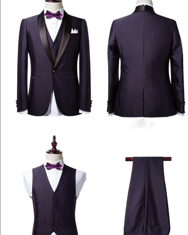 stylesnuggle made this Well-cut Dark Purple Shawl Lapel Black Wedding Tuxedo Bespoke Prom Dress Suit Three-pieces with rush order service. Discover the design of this Purple Solid Shawl Lapel Single Breasted mens suits cheap for prom, wedding or formal business occasion.