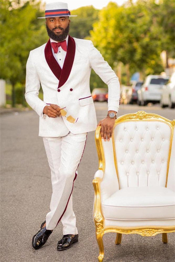 Shop for White Jacquard Double Breasted Wedding Suit with Burgundy Lapel in stylesnuggle at best prices.Find the best White Shawl Lapel slim fit Men Suits with affordable price.