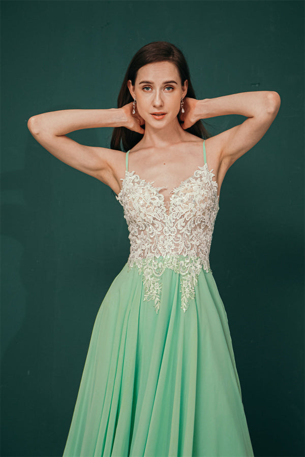 White Lace SPAGHETTI STRAPS High Split Mint green Evening Dress-stylesnuggle