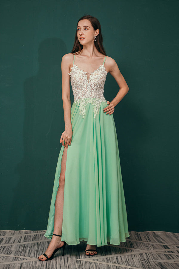 White Lace SPAGHETTI STRAPS High Split Mint green Evening Dress-stylesnuggle