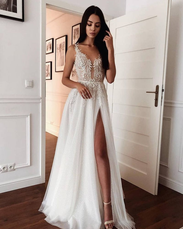 stylesnuggle offers White Lace V-neck Modern high split Sleeveless Summer Wedding Dress at factory price from White,Ivory,Champagne,Black, Lace to A-line hem. All sold at reasonable price