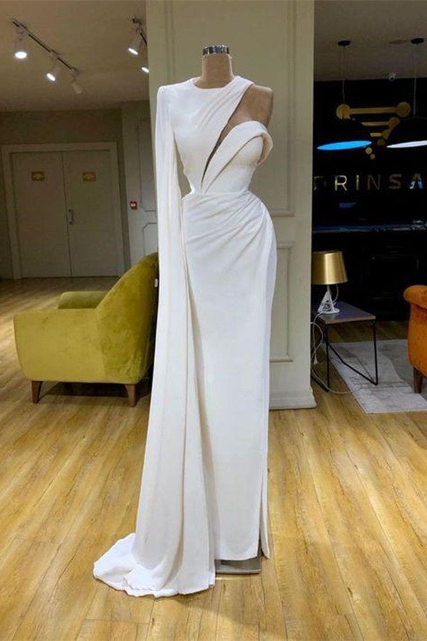 White One Shoulder Mermaid Prom Dress High Neck Evening Gown-stylesnuggle