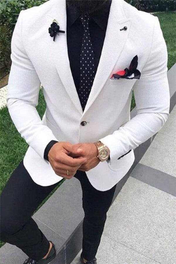stylesnuggle made this White Wedding Suit for Men, Peak Lapel Tuxedo Two Pieces with rush order service. Discover the design of this White Solid Peaked Lapel Single Breasted mens suits cheap for prom, wedding or formal business occasion.