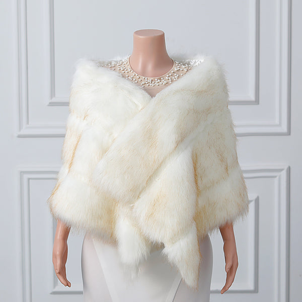White Yellow Pointed High-Low Faux Fur Shawl-stylesnuggle