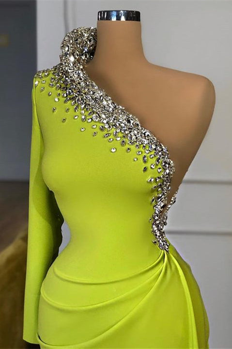 Yellow Green Long Sleeves One Shoulder Prom Dress Mermaid With Beads-stylesnuggle