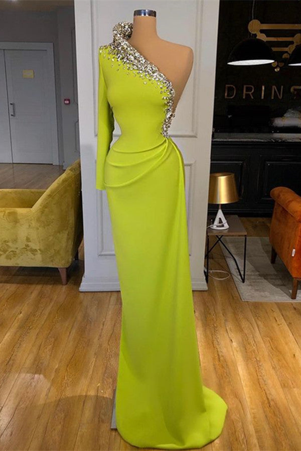 Yellow Green Long Sleeves One Shoulder Prom Dress Mermaid With Beads-stylesnuggle