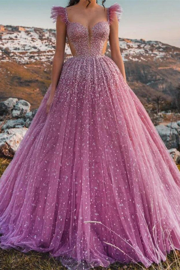 Glamorous Cap Sleeves Ball Gown Evening Dress Tulle With Appliques-stylesnuggle